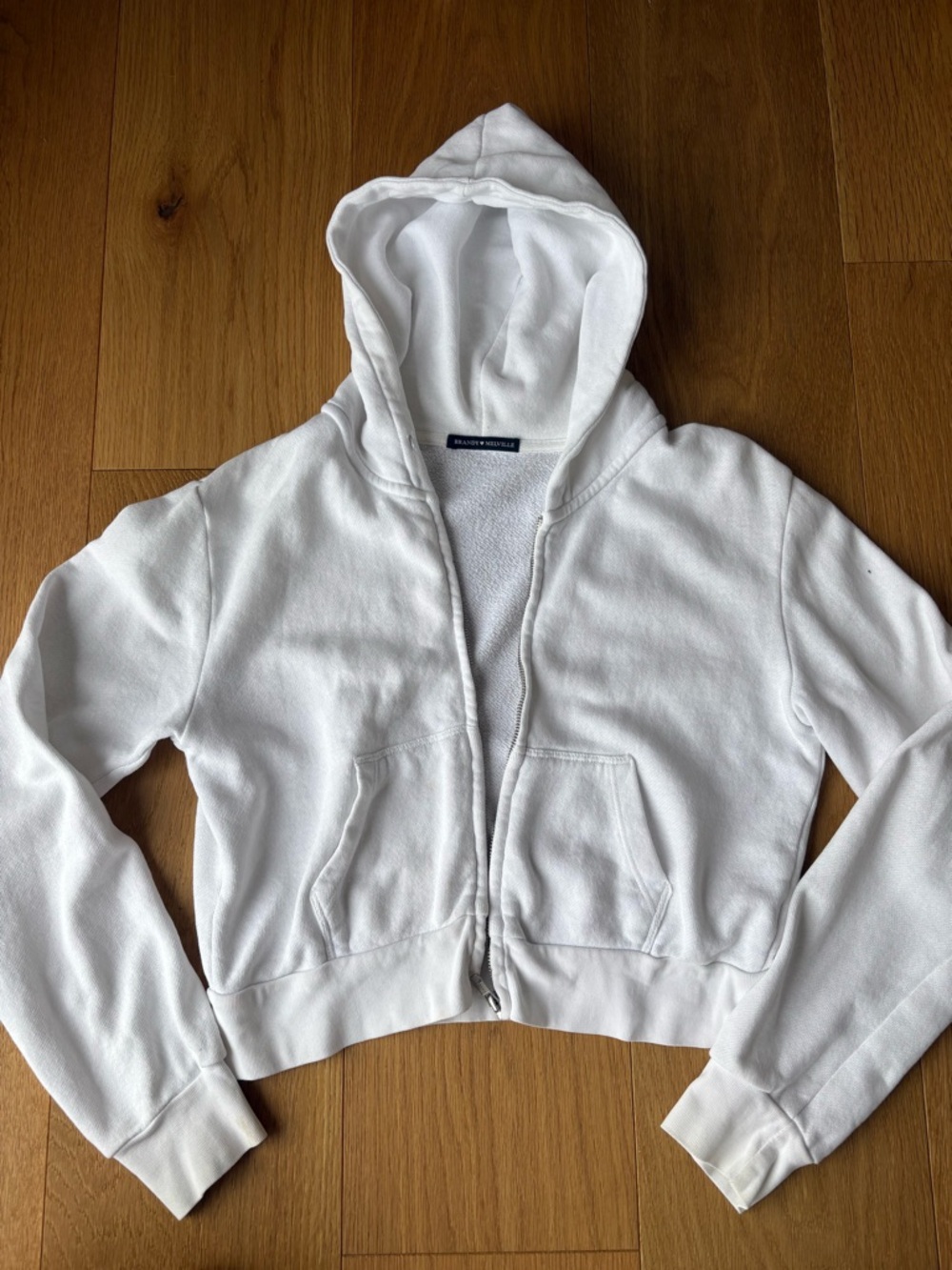 Brandy Melville White Hooded Zip-Up Sweatshirt